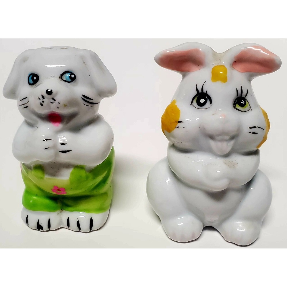 VTG Bunny Couple Salt & Pepper White/Green/Yellow/Pink Easter Egg Sweet Faces